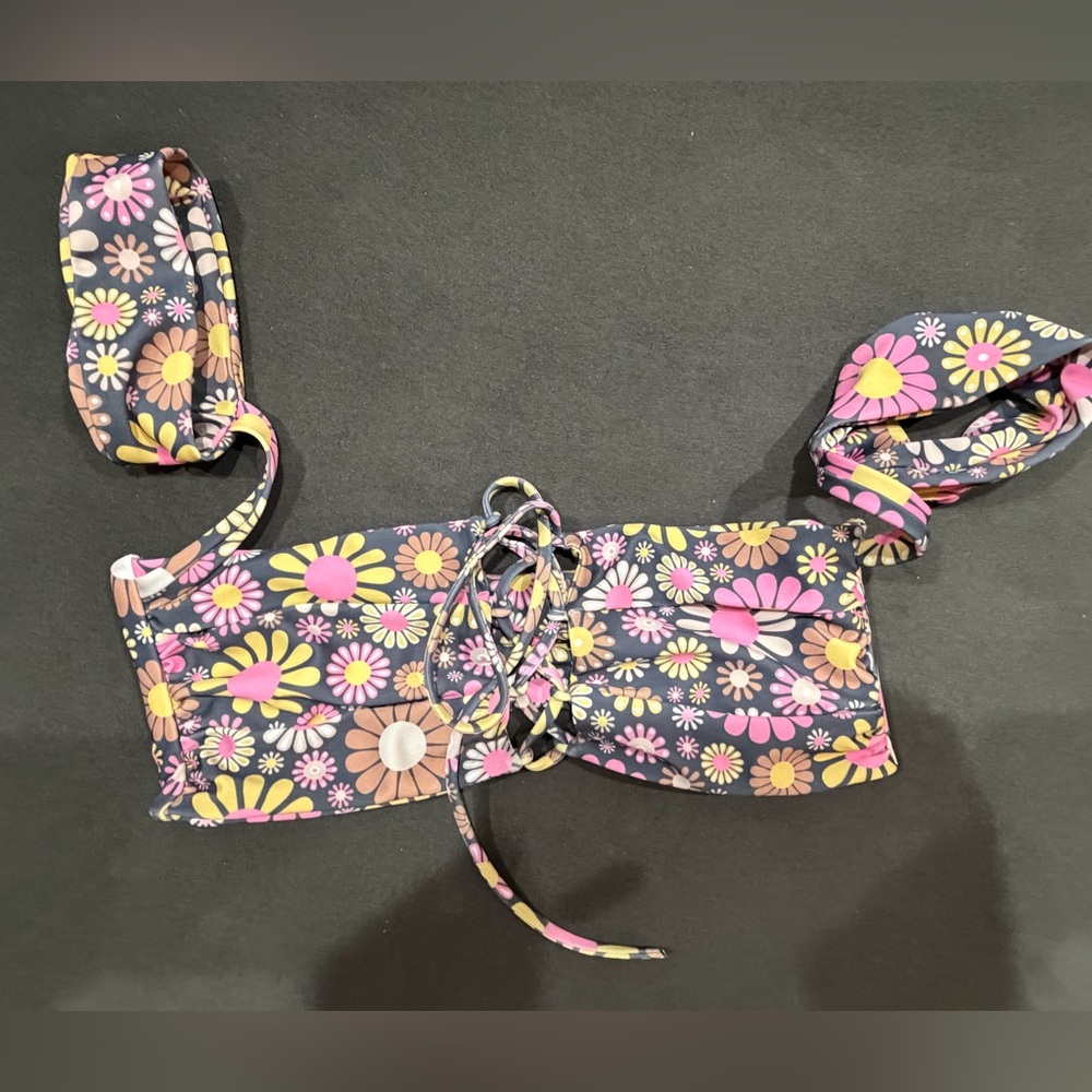 Floral Lace-Up Bandeau Bikini Top - Pink & Yellow Flowers